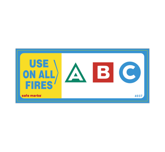 Fire safety label with text 'Use on all fires' and symbols for different fire classifications on a white background.