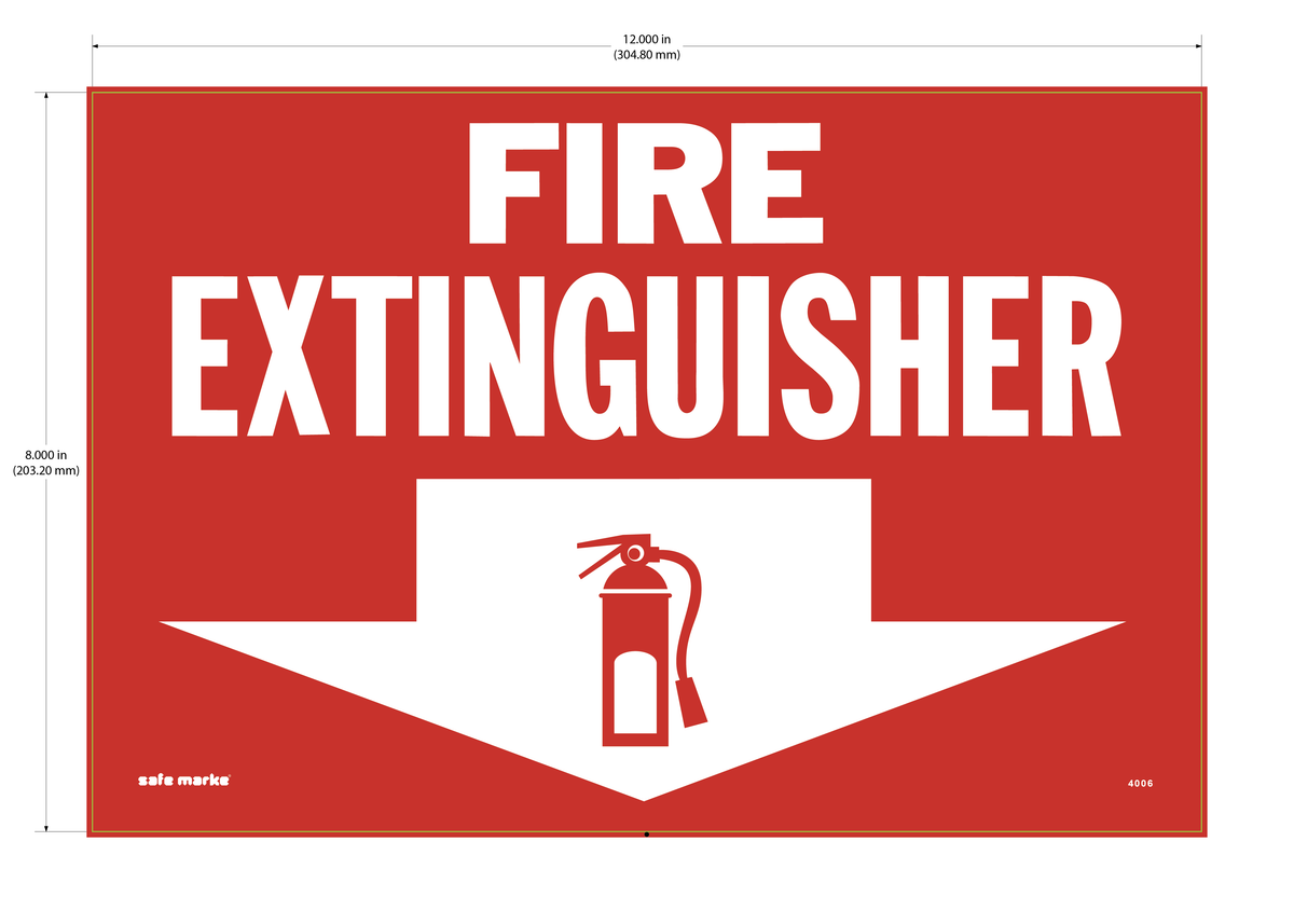 12" x 8" FIRE EXTINGUISHER safety label with downward arrow and extinguisher icon