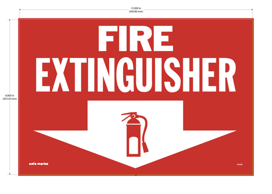 12" x 8" FIRE EXTINGUISHER safety label with downward arrow and extinguisher icon