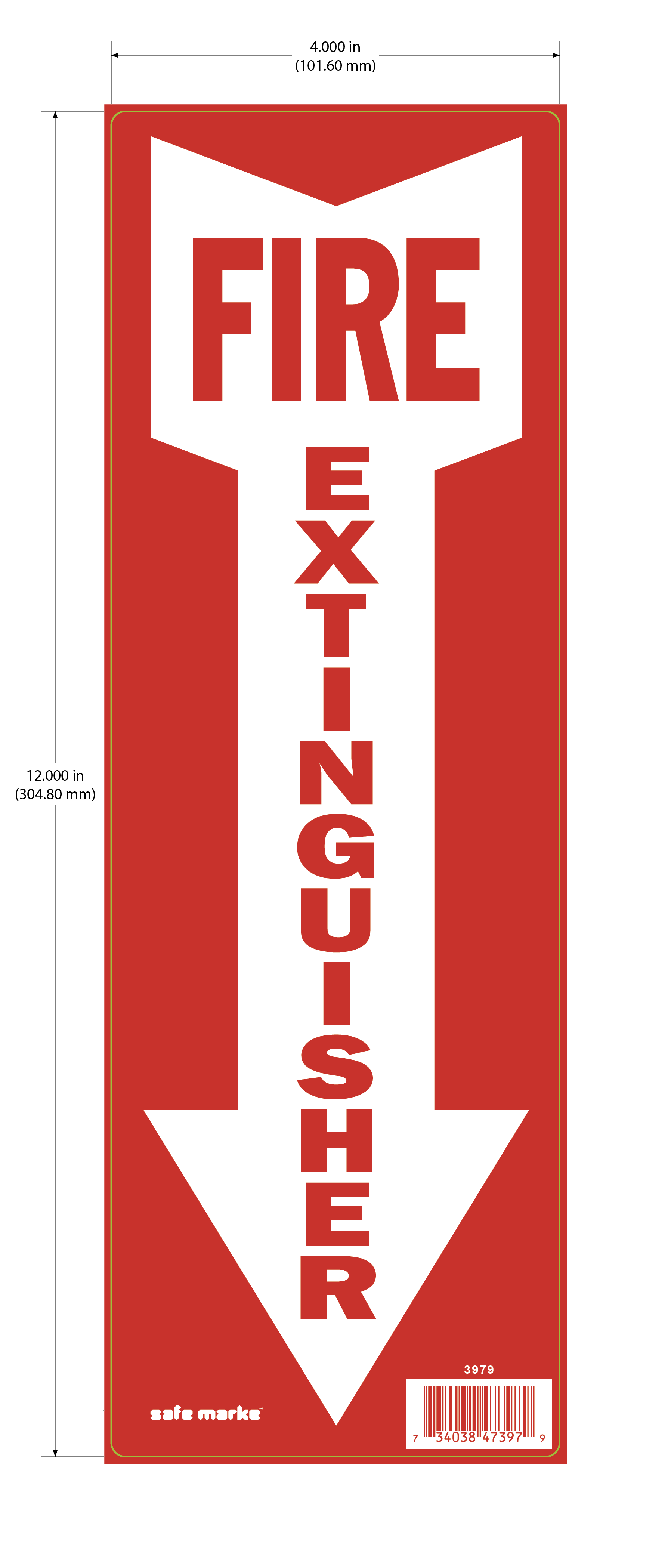 Fire Extinguisher directional vinyl safety sign with red text on white background in a downward-pointing red arrow shape, 12 x 4 inches