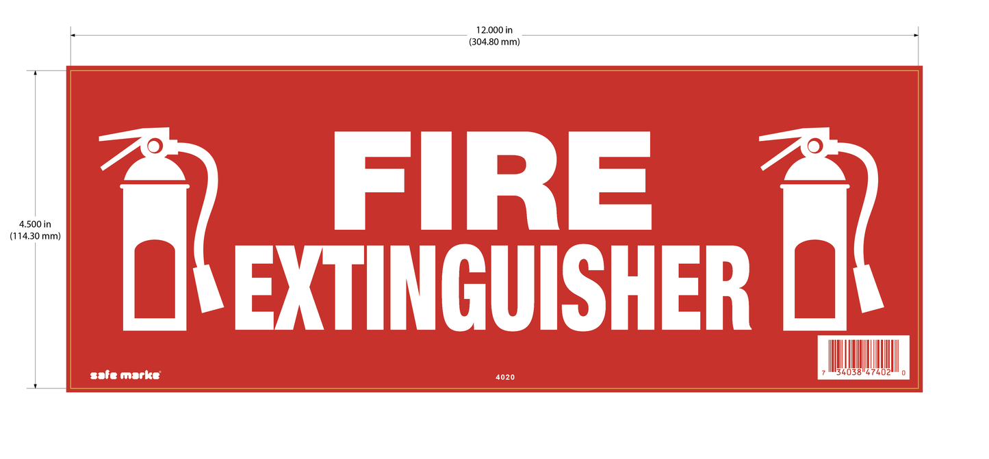 Red fire extinguisher sign with white text and two extinguisher icons, rectangular 12 x 4.5 inch design