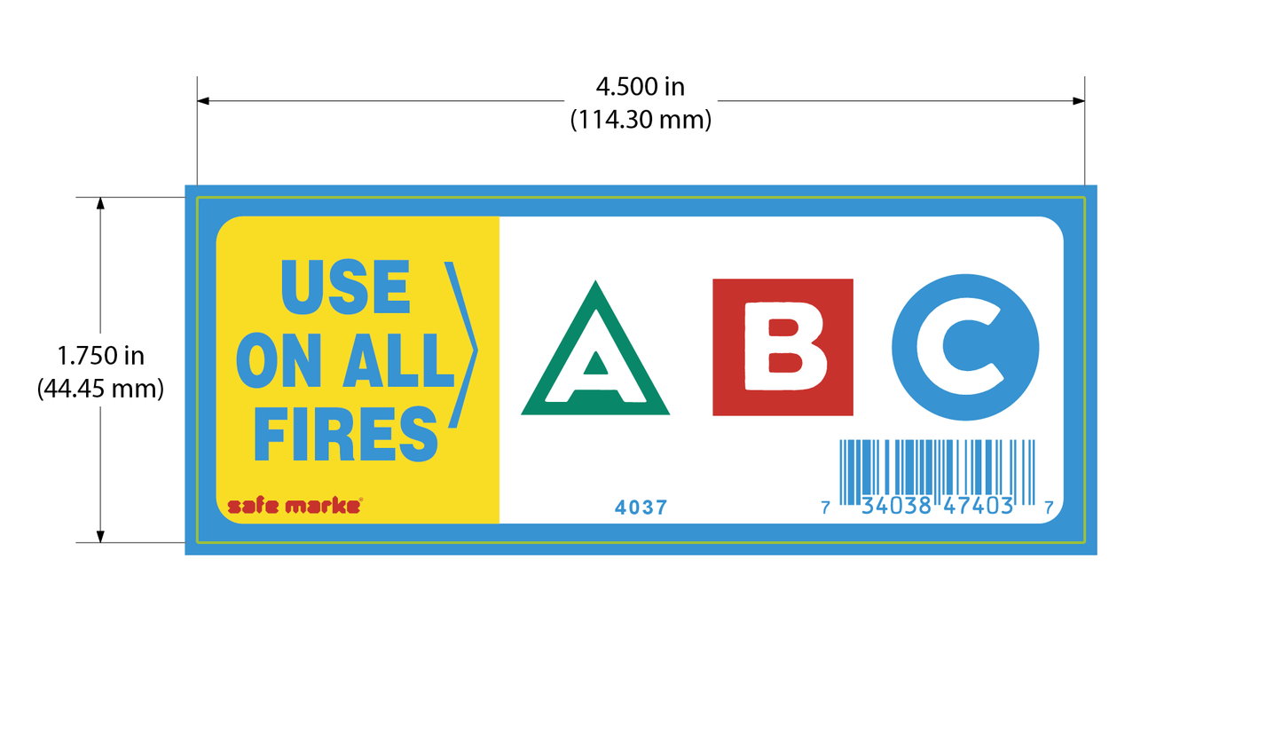 ABC fire classification sticker with “Use on All Fires” text and A/B/C color-coded symbols