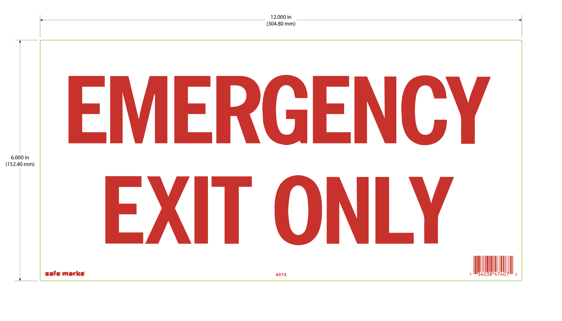 Emergency Exit Only sign with red text on white background, 12 x 6 inches