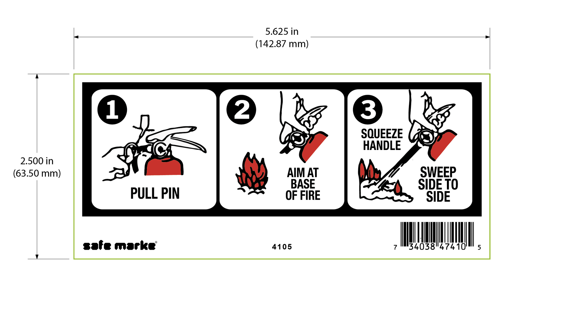 Fire extinguisher instructions sign showing pull pin, aim, squeeze, sweep steps with illustrations, 5.625 x 2.5 inches