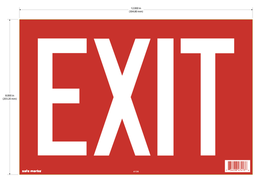 Red EXIT sign with bold white text, 12 x 8 inches