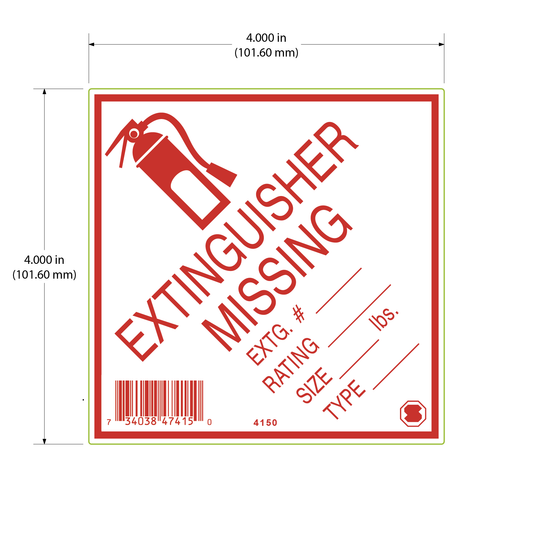 Extinguisher Missing inspection label, 4 x 4 inches, white background with red text and fire extinguisher icon