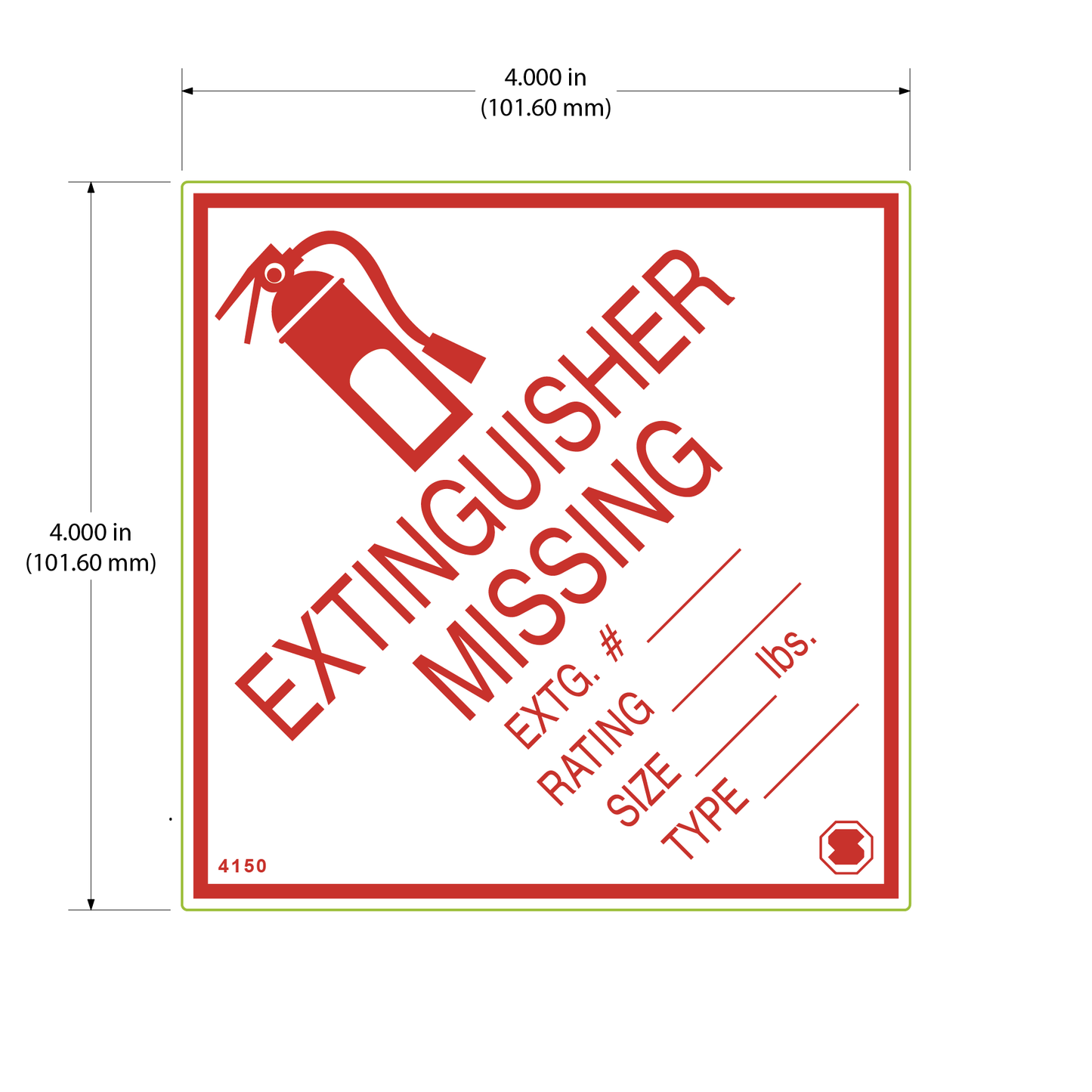 Extinguisher Missing Inspection Label – 4" x 4" – Red Text on White Safety Sign with Extinguisher Icon [4 pack]