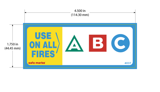 4.5" x 1.75" ABC fire classification label with color-coded A B and C symbols
